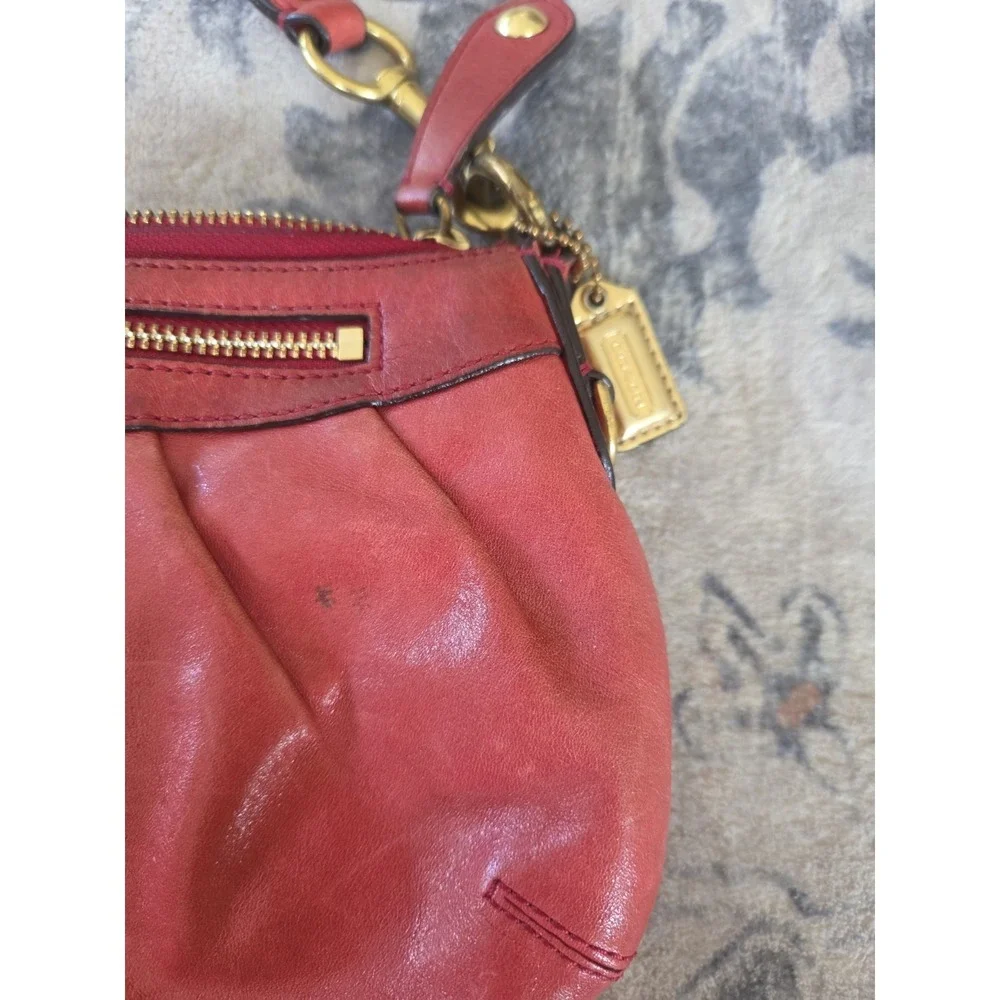 Coach Madison 12944 Coral Red Pleated Leather Hobo Shoulder Bag Purse Brass...